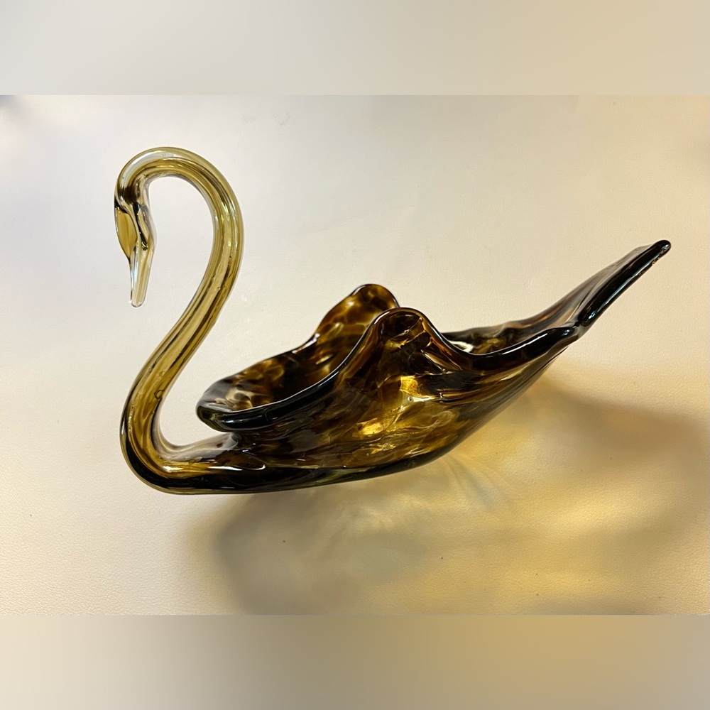 Vintage Hand-Blown Amber Art Glass Swan Dish Mid Century Modern Bowl, 8”